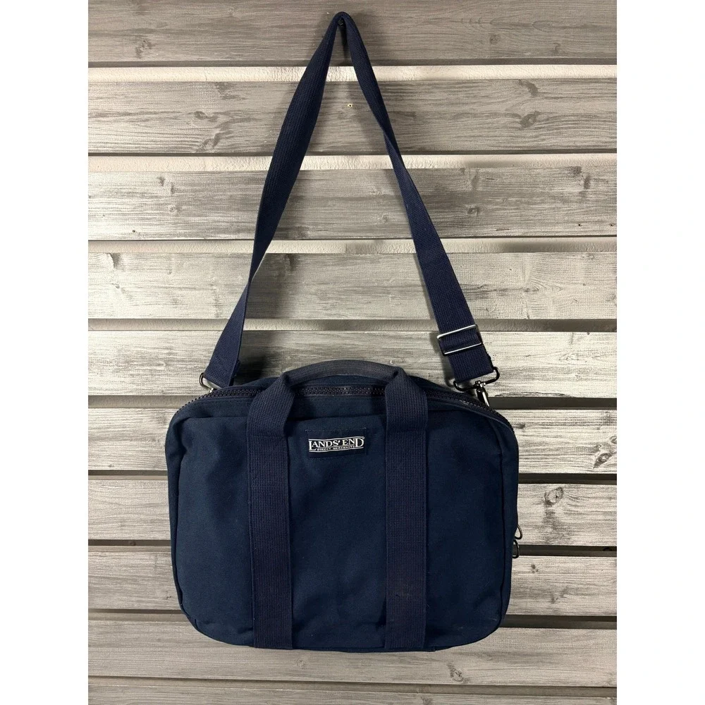 Lands End Vintage Navy Blue Canvas Briefcase Messenger Laptop Bag Made in USA
